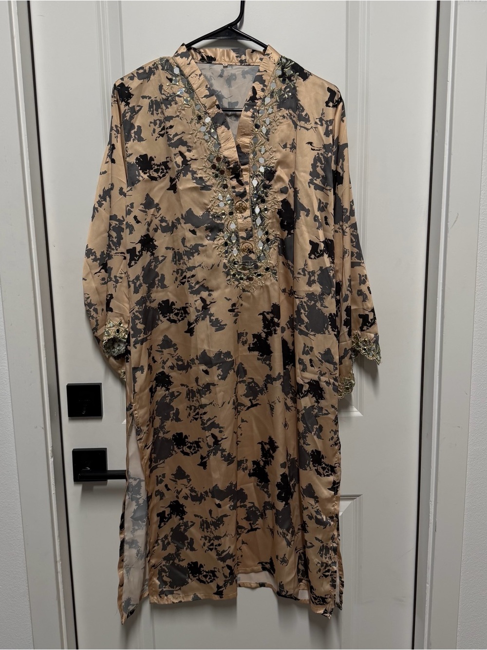 Pakistani Formal Printed Kameez Gold Black Mirror Work Size Large